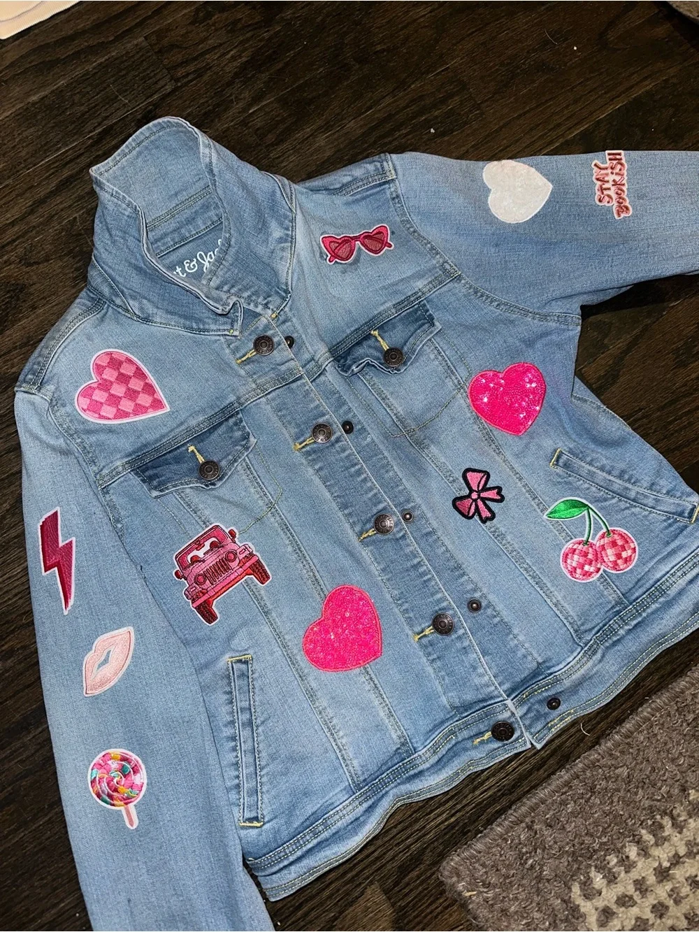 Light Blue Girls' Denim Jacket w/various girly Sequin Patches 10/12